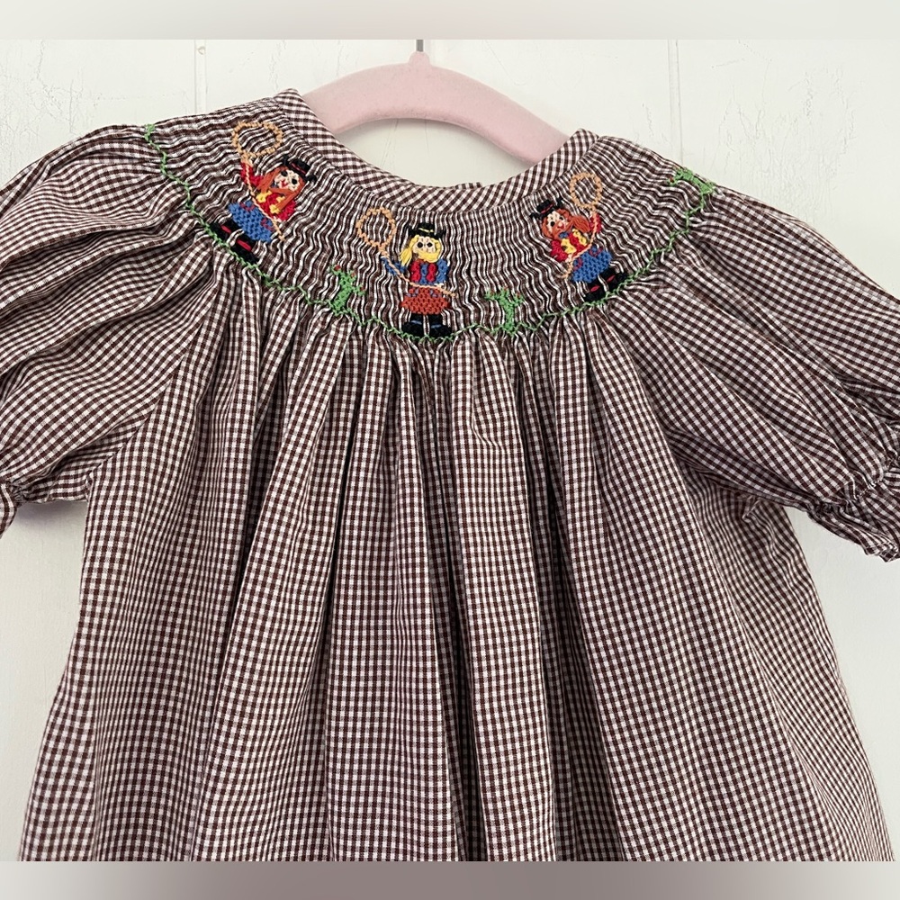 Silly Goose Smocked Cowgirls Brown White Gingham Plaid Dress Size 12 Months